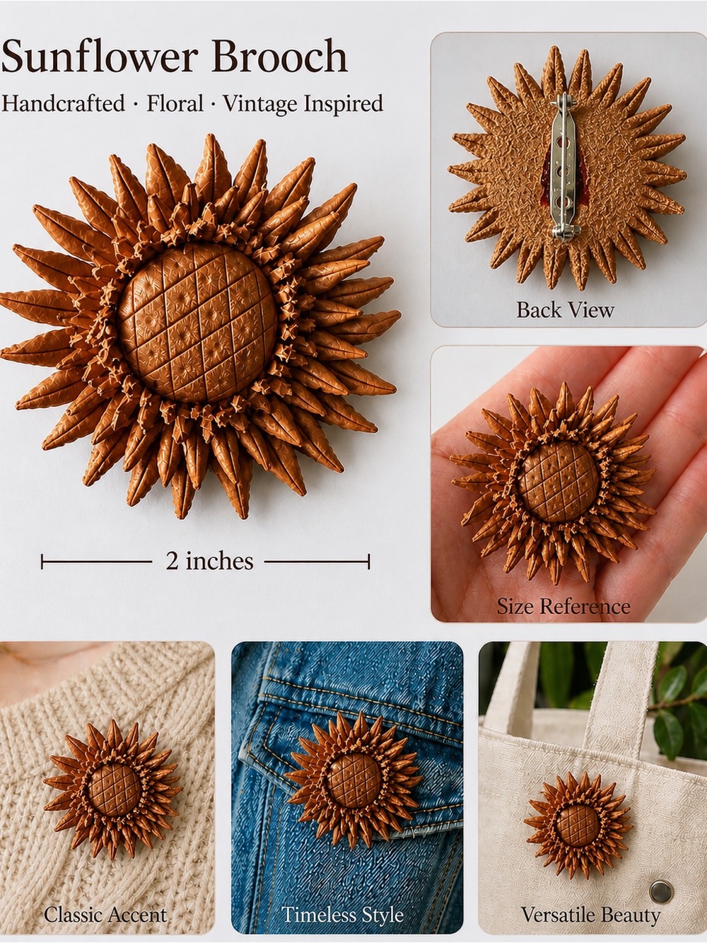 Vintage leather Sunflower Brooch Pin — Floral Accent